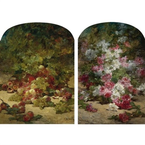 Peaches And Grapes Beneath A Tree (+ Summer Blooms; 2 Works) Oil Painting by Georges Jeannin