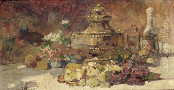 Bouquet De Fleurs Sur Une Table Oil Painting by Georges Jeannin