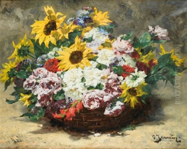 Panier De Roses Et Tournesols Oil Painting by Georges Jeannin