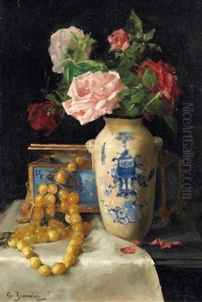 Stilleben Mit Einem Rosenstraus In Asiatischer Vase Sowie Einer Bernsteinkette Oil Painting by Georges Jeannin