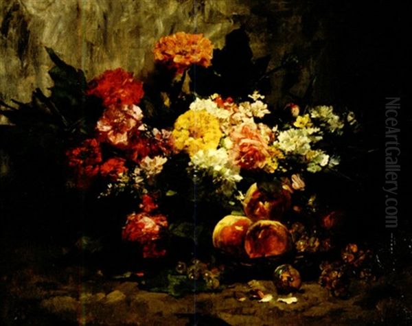 Fleurs Et Corbeille De Fruit Oil Painting by Georges Jeannin