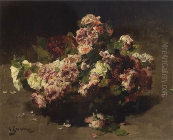 A Still Life With Roses In A Clay Pot Oil Painting by Georges Jeannin