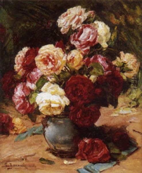 Vase De Roses Anciennes Oil Painting by Georges Jeannin