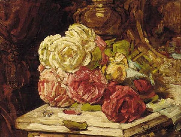 Mixed Roses And A Gold Ring On A Table Oil Painting by Georges Jeannin