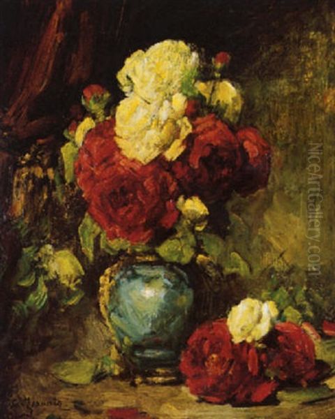 Bouquet De Roses Au Vase Bleu Oil Painting by Georges Jeannin