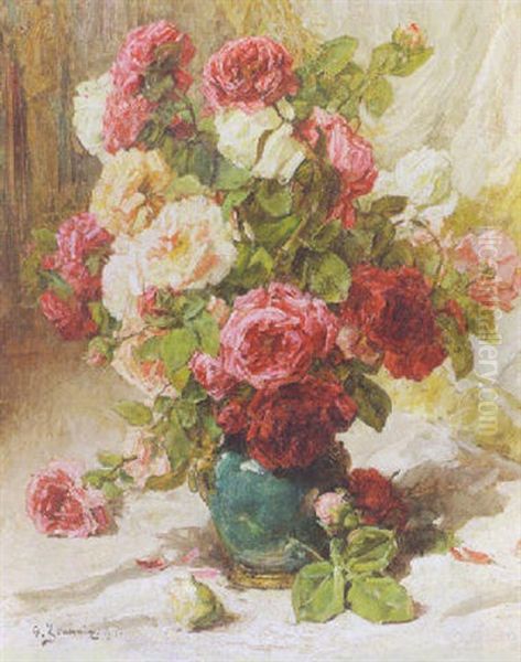 A Vase Of Red And White Roses Oil Painting by Georges Jeannin