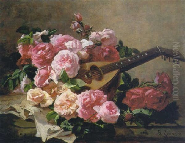 Still Life With Roses And Mandolin Oil Painting by Georges Jeannin