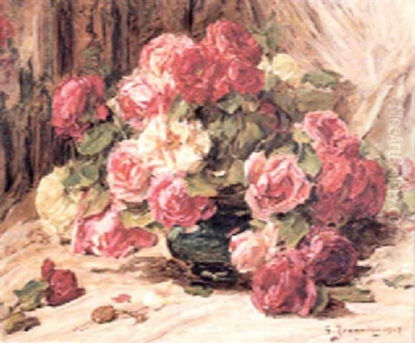 Bouquet De Roses Rouges Oil Painting by Georges Jeannin