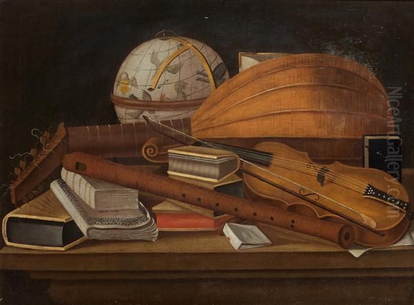 Nature Morte Aux Instruments De Musique Et A La Mappemonde Oil Painting by Evaristo Baschenis