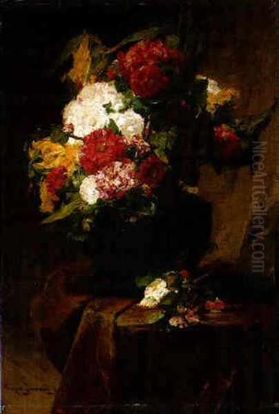 Peonies In A Vase On A Draped Table Oil Painting by Georges Jeannin