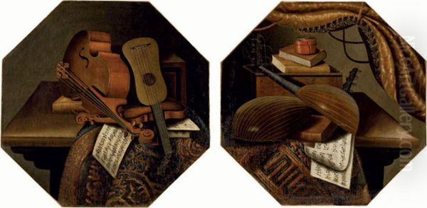 Violons Et Partitions Sur Une Table Recouverte D'un Tapis Oil Painting by Evaristo Baschenis