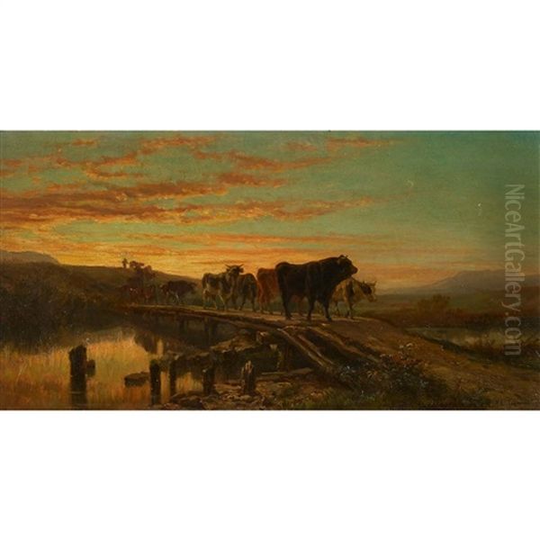 Viehherde Auf Holzbrucke Im Abendlicht Oil Painting by Pierre Alexandre Jeanniot