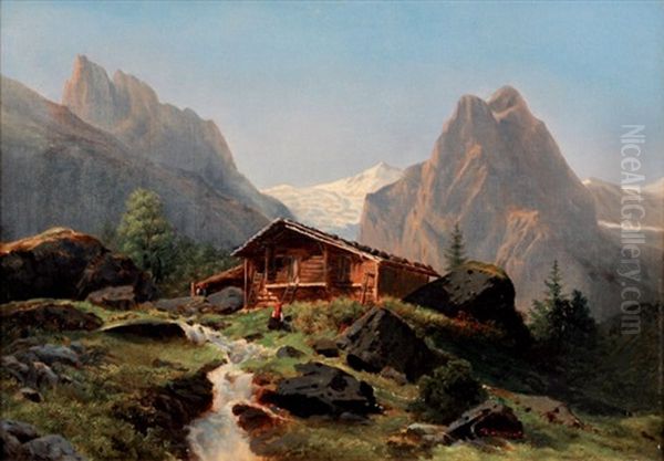 Chalet D'alpage Oil Painting by Pierre Alexandre Jeanniot