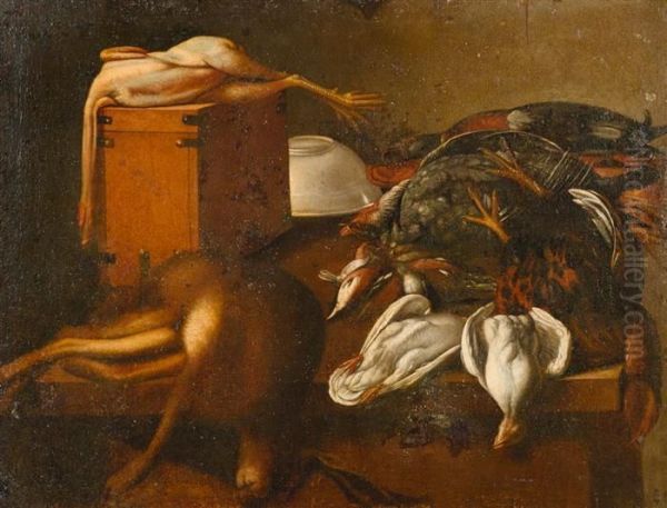 Hunting Still Life With Catch On A Table. Oil Painting by Evaristo Baschenis