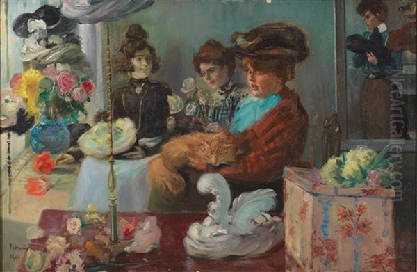 At The Milliner Oil Painting by Pierre Georges Jeanniot