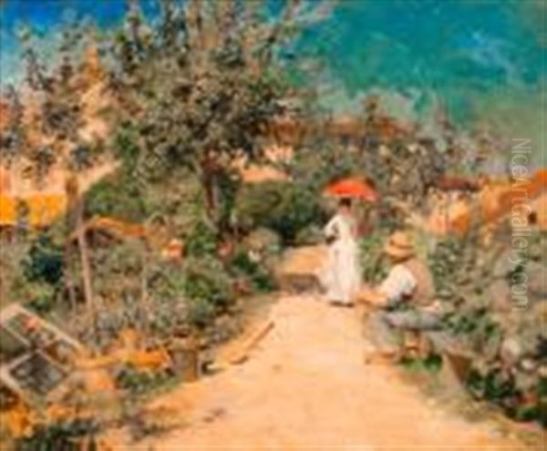 Promenade Dans Le Jardin, Jeune Femme En Blanc A L'ombrelle Et Jardinier Oil Painting by Pierre Georges Jeanniot