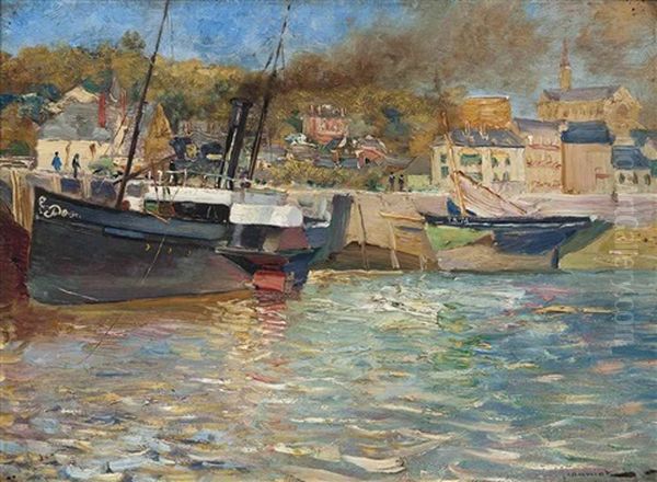 Bateaux A Quai, Trouville, France Oil Painting by Pierre Georges Jeanniot