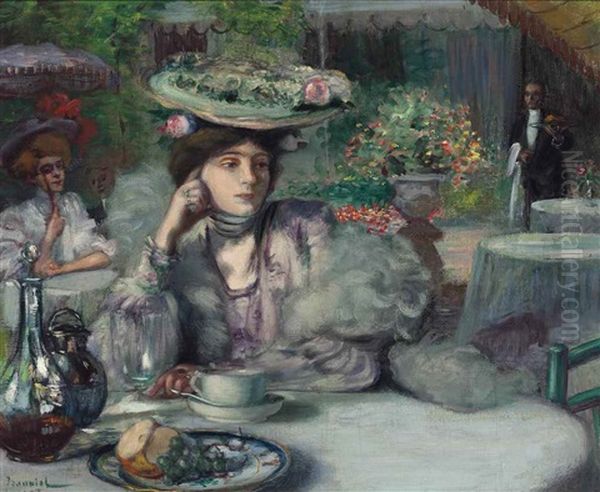 Une Elegante Au Cafe Oil Painting by Pierre Georges Jeanniot