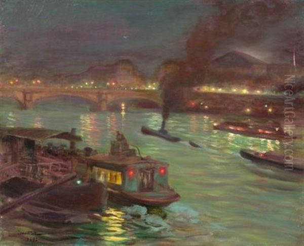 River Scene At Night With Barges Oil Painting by Pierre Georges Jeanniot