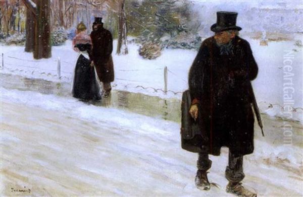 Violoniste Dans Un Jardin Public Sous La Neige Oil Painting by Pierre Georges Jeanniot