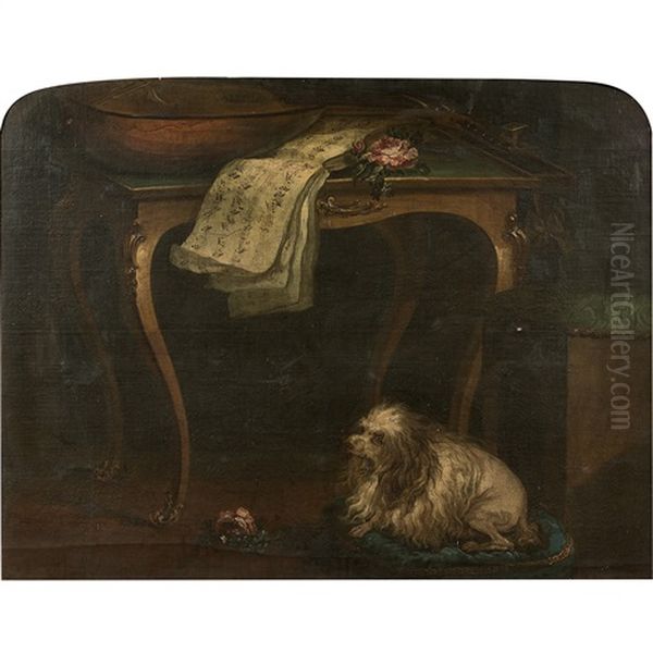 Nature Morte A La Table De Jeu En Cabaret, Au Luth Et Au Chien Oil Painting by Nicolas Henry Jeaurat De Bertry