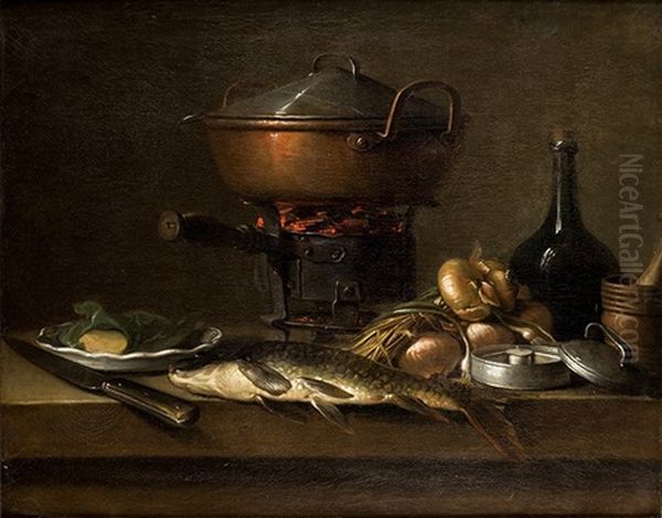 Naturaleza Muerta Con Olla, Utensilios De Cocina Y Pescado Oil Painting by Nicolas Henry Jeaurat De Bertry