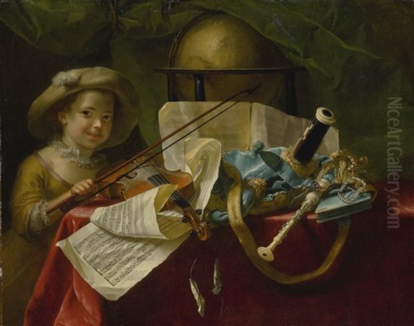 Still Life Of Musical Instruments, A Globe And Other Objects On A Table Draped In A Red Velvet Cloth, With A Young Girl Holding A Bow Oil Painting by Nicolas Henry Jeaurat De Bertry