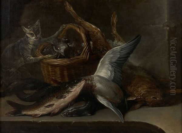 Chat Pres D'un Panier De Coquillages, Poissons Et Gibier Oil Painting by Nicolas Henry Jeaurat De Bertry