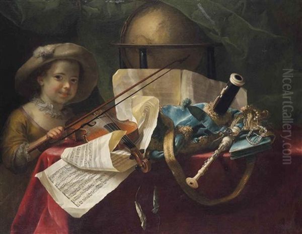 Pipes, A Globe, A Musical Score And A Violin On A Draped Table, A Young Girl Looking On Oil Painting by Nicolas Henry Jeaurat De Bertry