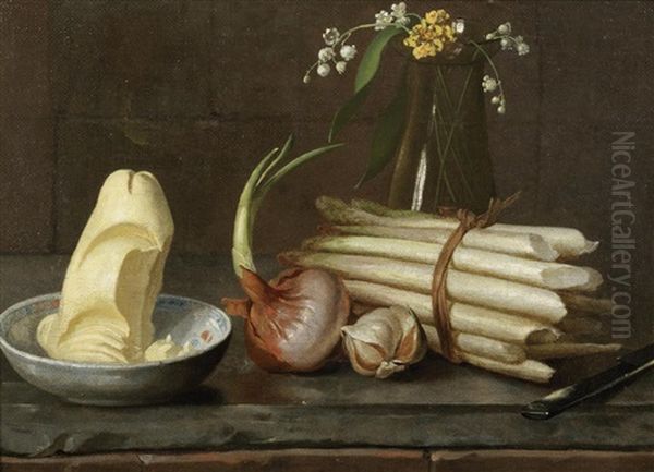 Asparagus, An Onion, Garlic, Butter In A Bowl And Flowers In A Glass Vase, On A Marble Ledge Oil Painting by Nicolas Henry Jeaurat De Bertry