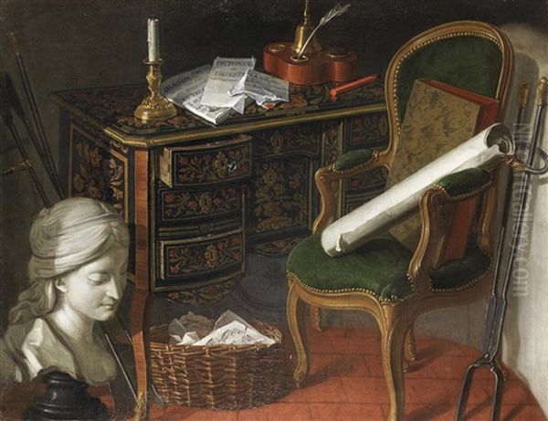 A Naturalist Manual And Objects Resting On A Table Above A Globe And Musical Instruments; And (2) Oil Painting by Nicolas Henry Jeaurat De Bertry