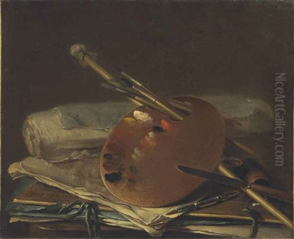 An Artist's Palette With Brushes, A Mahl Stick, A Knife, Papers And Portfolios Oil Painting by Nicolas Henry Jeaurat De Bertry