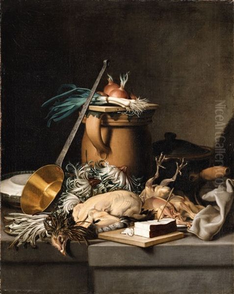 A Kitchen Still Life With Poultry, Vegetables And Bread Oil Painting by Nicolas Henry Jeaurat De Bertry