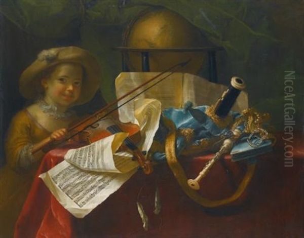 A Still Life Of Pipes, A Globe, An Engraved Musical Score Of A French Overture And A Violin On A Table Draped With A Red Cloth, A Young Girl Looking On Oil Painting by Nicolas Henry Jeaurat De Bertry