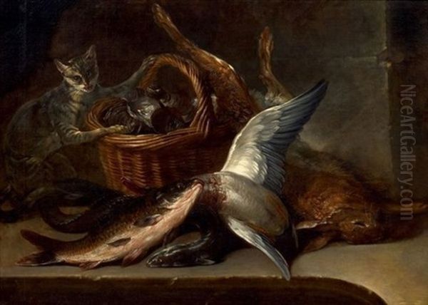 Nature Morte De Poissons, De Lievre Au Panier D'huitres Avec Un Chat Oil Painting by Nicolas Henry Jeaurat De Bertry