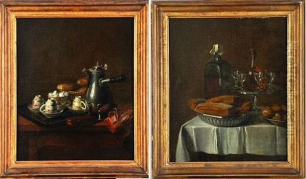 Nature Morte A La Cafetiere, Aux Tasses De Cafe Et Petits Pains Disposes Sur Un Plateau (+ Nature Morte Au Service A Liqueur, Aux Biscuits Et Chataignes; Pair) Oil Painting by Nicolas Henry Jeaurat De Bertry