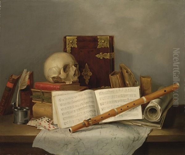 A Vanitas Still Life With A Lute, Music, Books, A Skull And Playing Cards On A Table Oil Painting by Nicolas Henry Jeaurat De Bertry