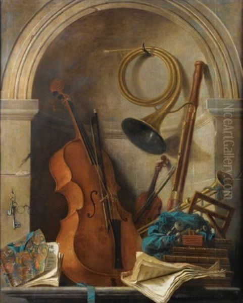 Nature Morte En Trompe L'oeil Aux Instruments De Musique Et Au Livret De Castor Et Pollux De Rameau Oil Painting by Nicolas Henry Jeaurat De Bertry