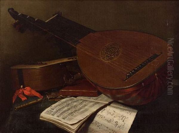 Nature Morte Au Luth Theorbe Et A La Guitare Oil Painting by Nicolas Henry Jeaurat De Bertry