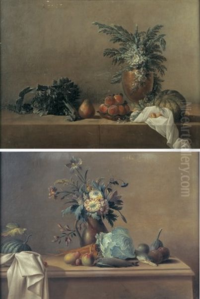 Nature Morte Aux Vase De Fleurs Et Legumes Sur Un Entablement (+ Nature Morte Aux Vase De Fleurs Et Fruits Sur Un Entablement; Pair) Oil Painting by Nicolas Henry Jeaurat De Bertry