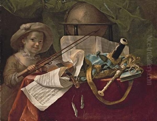 Pipes, A Violin, A Globe And Sheet Music On A Draped Table With A Girl Holding A Violin Bow Oil Painting by Nicolas Henry Jeaurat De Bertry