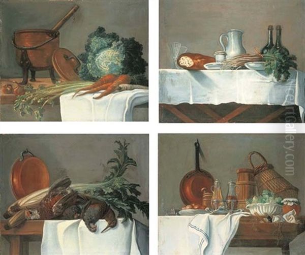 Un Chaudron, Un Chou, Des Carottes Et Du Cerfeuil Sur Une Table (+ 3 Others; Set Of 4) Oil Painting by Nicolas Henry Jeaurat De Bertry