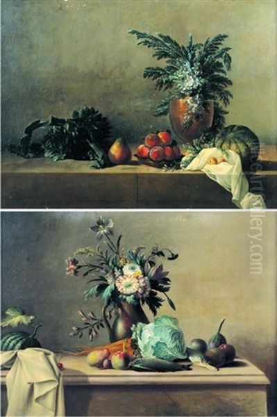 Nature Morte Au Vase De Fleurs Et Legumes Sur Un Entablement (+ Nature Morte Au Vase De Fleurs Et Fruits Sur Un Entablement; Pair) Oil Painting by Nicolas Henry Jeaurat De Bertry