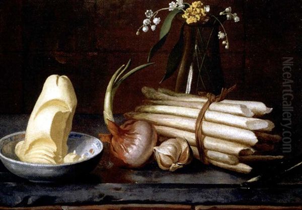 A Still Life Of Asparagus, An Onion, Garlic, Butter In A Bowl And Flowers In A Glass Vase, All On A Marble Ledge Oil Painting by Nicolas Henry Jeaurat De Bertry