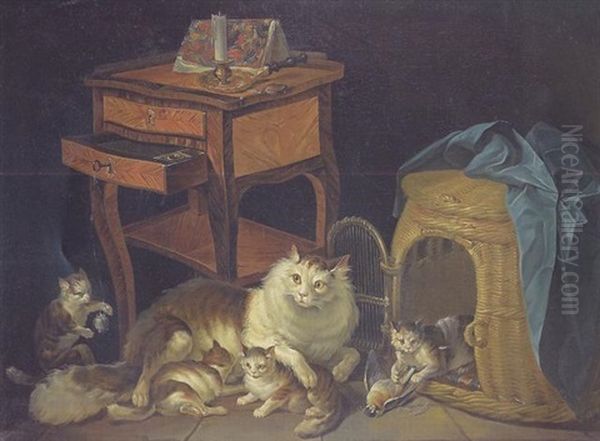 Mere Surveillant Ses Chatons Oil Painting by Nicolas Henry Jeaurat De Bertry