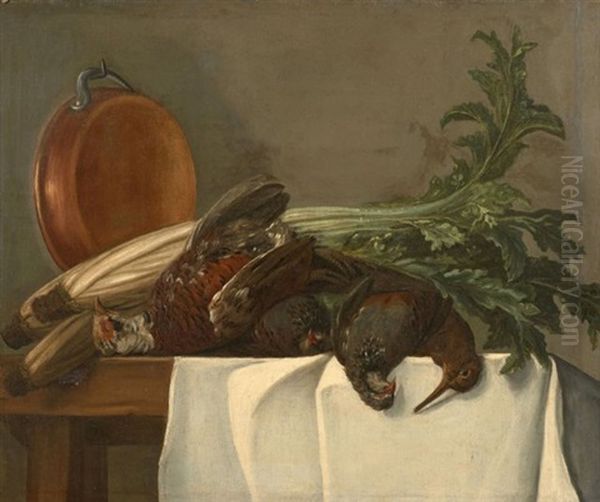 Perdreaux, Becasse Et Cuivre Sur Un Entablement Et Choux, Legumes Et Cuivres Sur Un Entablement (pair) Oil Painting by Etienne Jeaurat