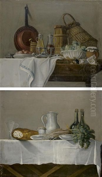 Les Apprets Du Dejeuner Avec Huilier Et Vinaigrier, Salade Verte Et Les Apprets Du Dejeuner Avec Miche De Pain, Vin Et Radis (pair) Oil Painting by Etienne Jeaurat