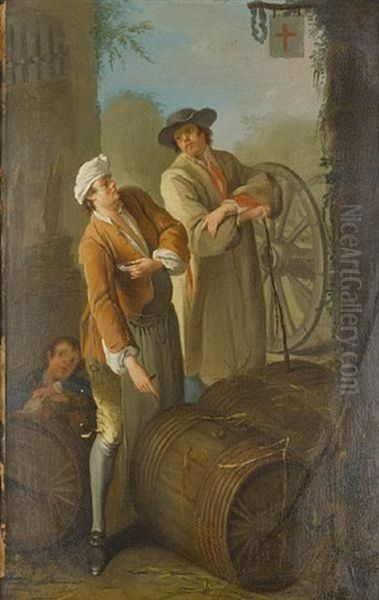 A Wine Seller (+ A Grape Seller; Pair) Oil Painting by Etienne Jeaurat