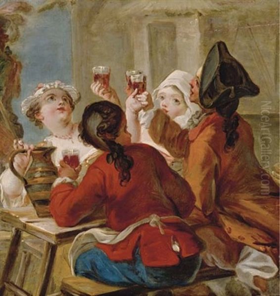 Two Couples Toasting With Wine Outside An Inn Oil Painting by Etienne Jeaurat