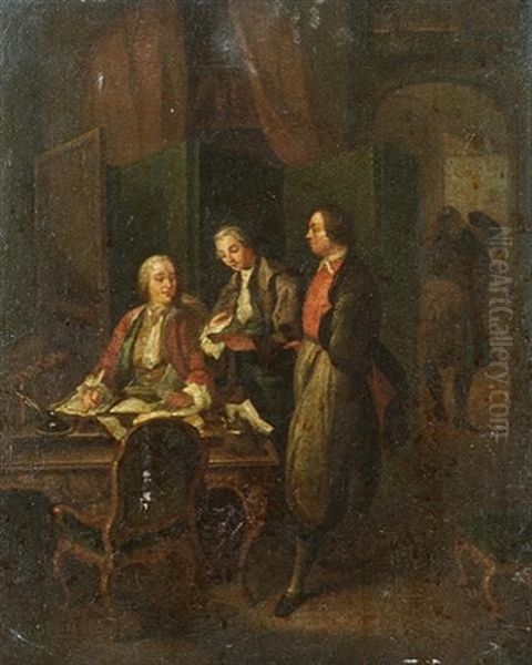 A Gentleman Seated At A Desk With A Man Handing Him Documents (+ A Gentleman Seated At A Desk In Discussion With Two Other Gentlemen; Pair) Oil Painting by Etienne Jeaurat